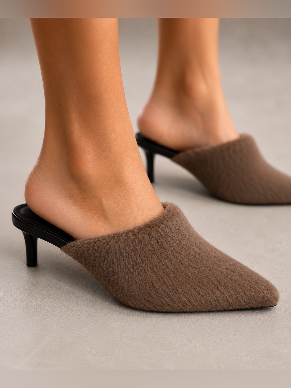 Roam Long Luxe Faux Fur Brown Taupe Kitten Heel Mules size 8